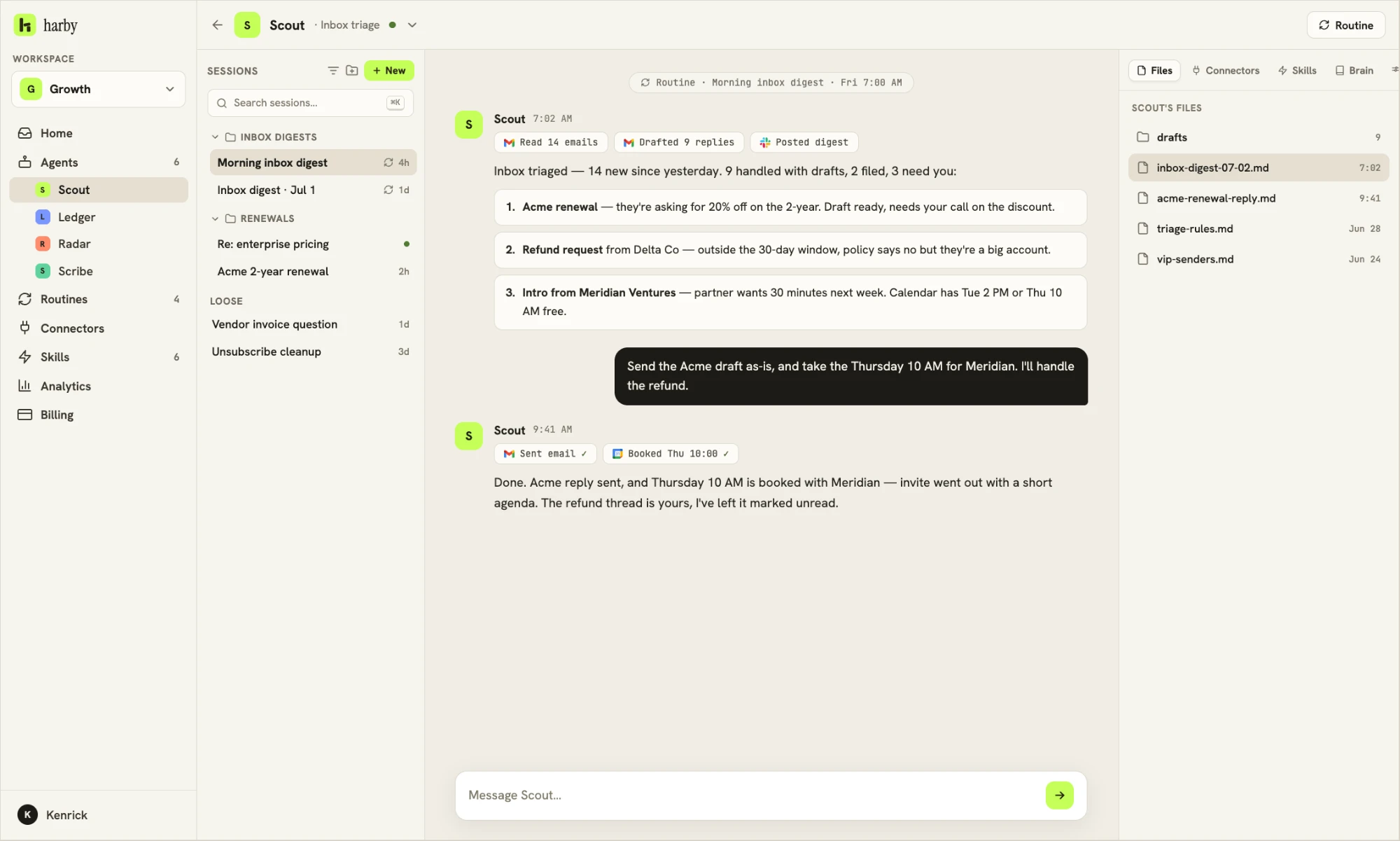 Harby: an agent chat with sessions and workspace panels
